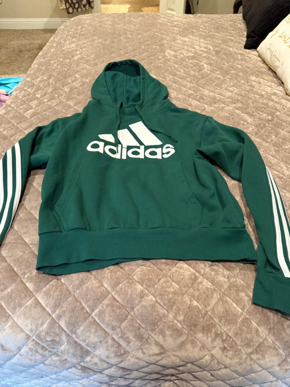 adidas Forest Green Pullover Hoodie with White Logo and Stripes